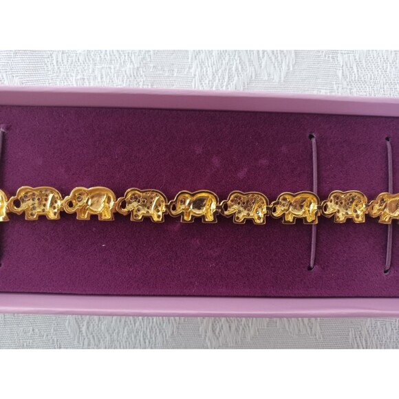 ELEPHANT MOTIF GOLD ELECTROPLATE RHINESTONE 8" BRACELET W/BOX AND TAG - Picture 3 of 13